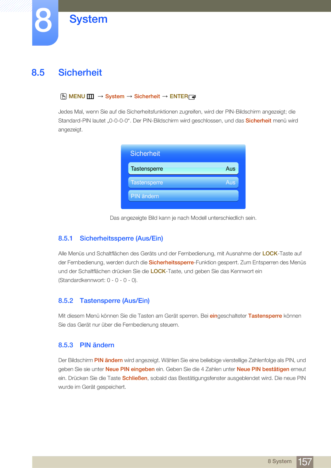 Samsung LH75MEBPLGC/EN Sicherheitssperre Aus/Ein, Tastensperre Aus/Ein, PIN ändern, Menu m System Sicherheit Enter 