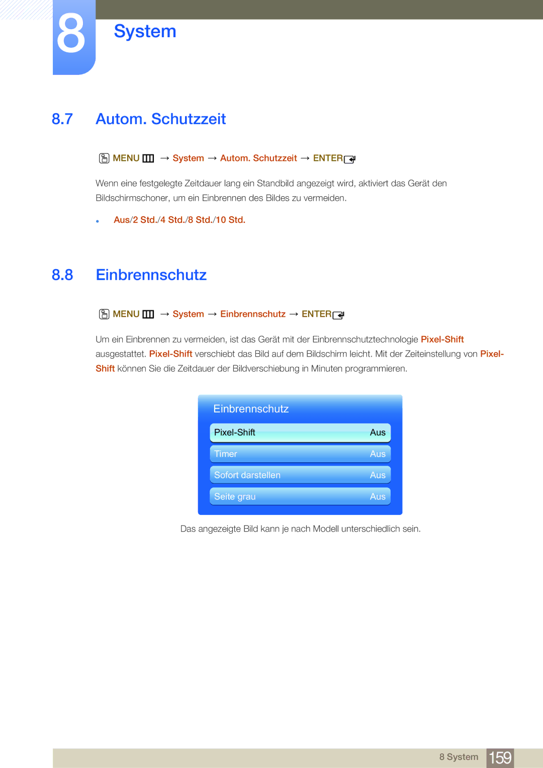 Samsung LH75MEBPLGC/EN manual Einbrennschutz, Menu m System Autom. Schutzzeit Enter, Aus/2 Std./4 Std./8 Std./10 Std 