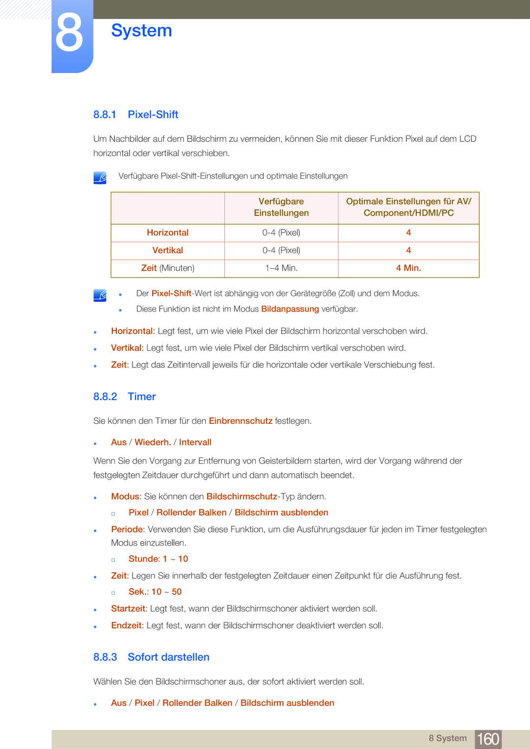 Samsung LH65MEBPLGC/EN, LH75MEBPLGC/EN manual Pixel-Shift, Timer, Sofort darstellen 