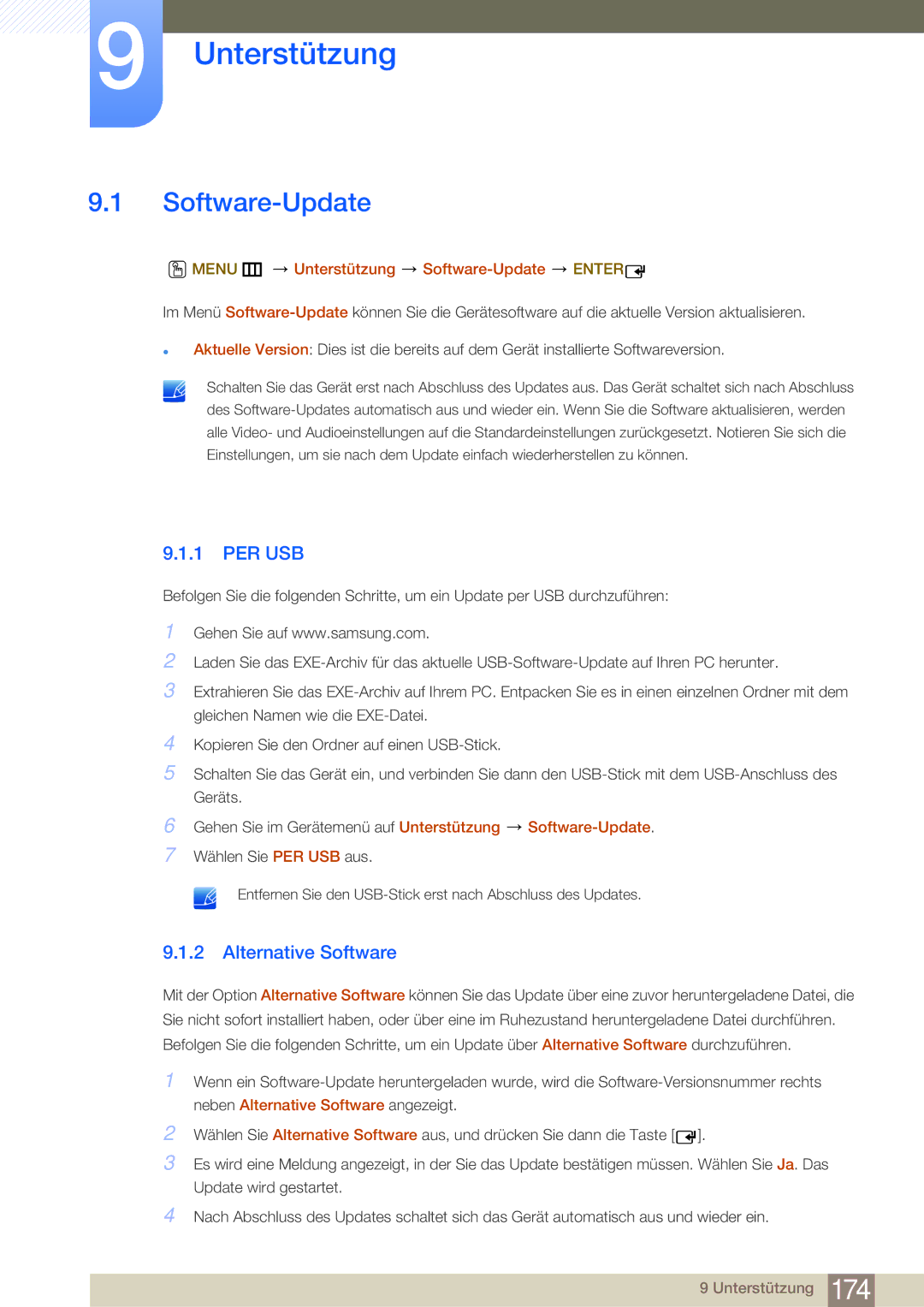Samsung LH65MEBPLGC/EN, LH75MEBPLGC/EN manual Per Usb, Alternative Software, Menu m Unterstützung Software-Update Enter 