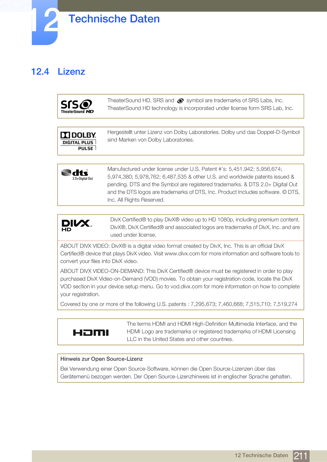 Samsung LH75MEBPLGC/EN, LH65MEBPLGC/EN manual Lizenz 