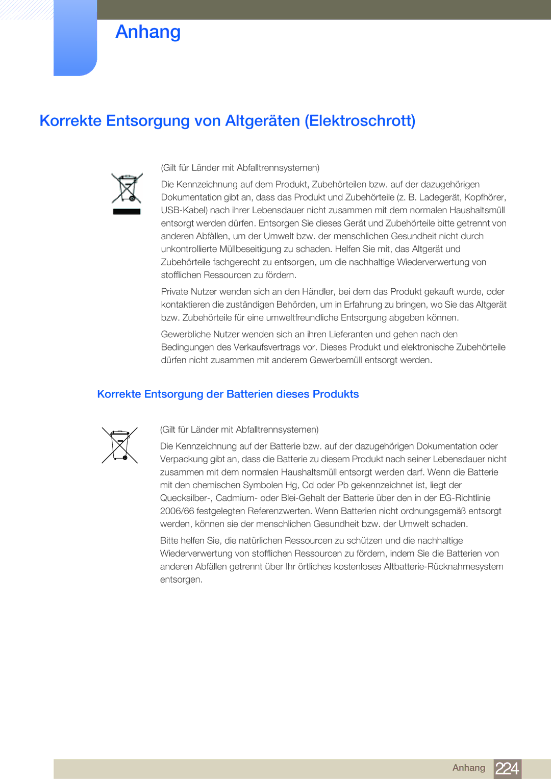 Samsung LH65MEBPLGC/EN, LH75MEBPLGC/EN manual Korrekte Entsorgung von Altgeräten Elektroschrott 