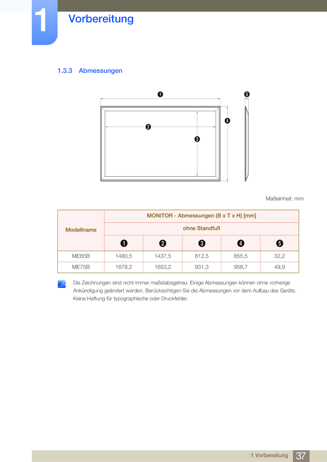 Samsung LH75MEBPLGC/EN, LH65MEBPLGC/EN manual Monitor Abmessungen B x T x H mm Modellname Ohne Standfuß 