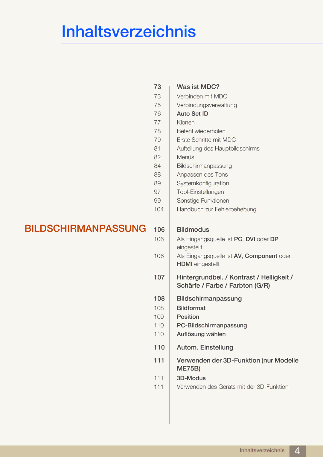 Samsung LH65MEBPLGC/EN, LH75MEBPLGC/EN manual Bildschirmanpassung 