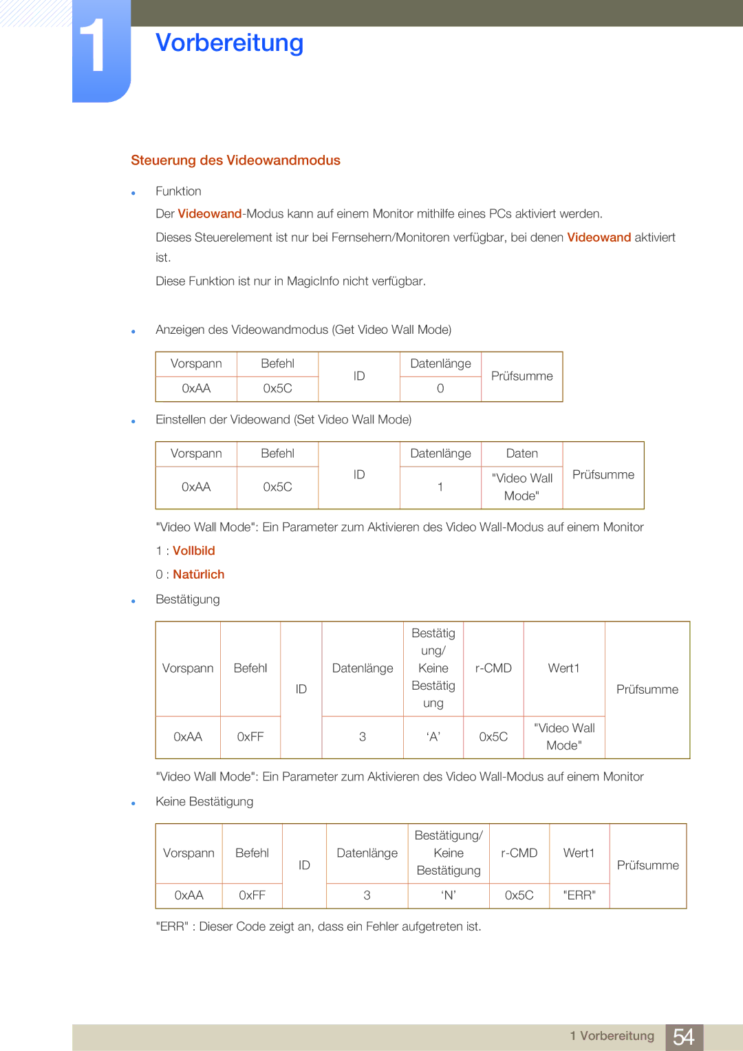 Samsung LH65MEBPLGC/EN, LH75MEBPLGC/EN manual Steuerung des Videowandmodus, Vollbild Natürlich 