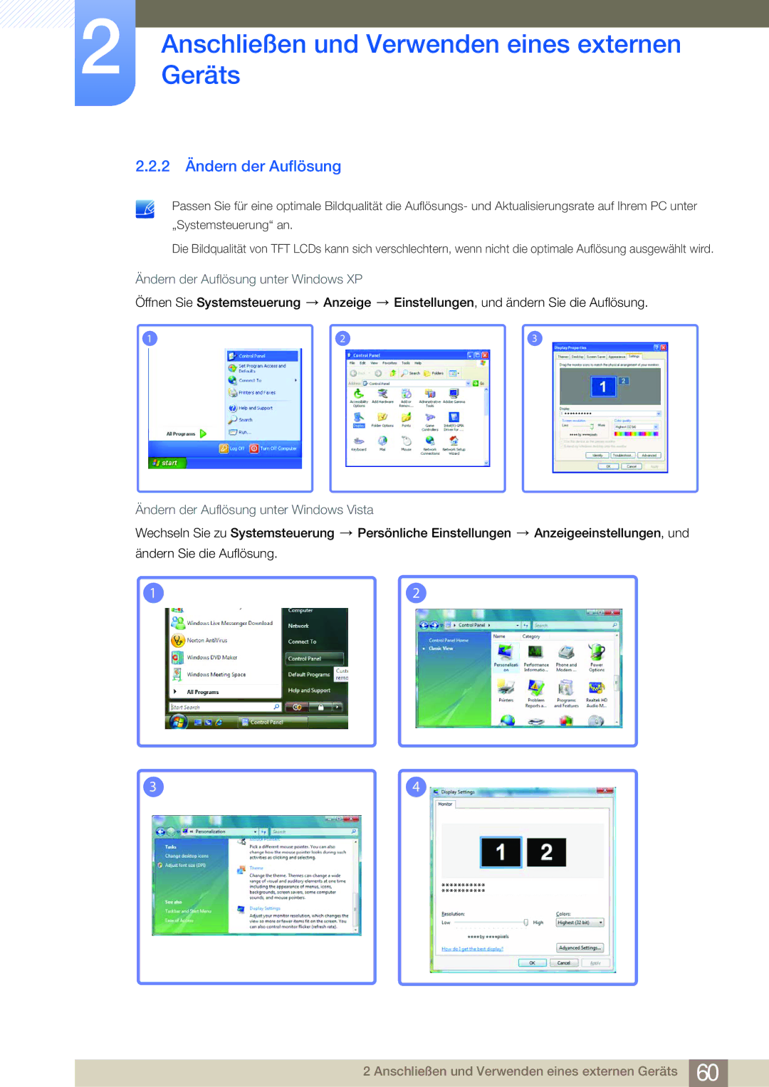 Samsung LH65MEBPLGC/EN, LH75MEBPLGC/EN manual 2 Ändern der Auflösung, Ändern der Auflösung unter Windows XP 