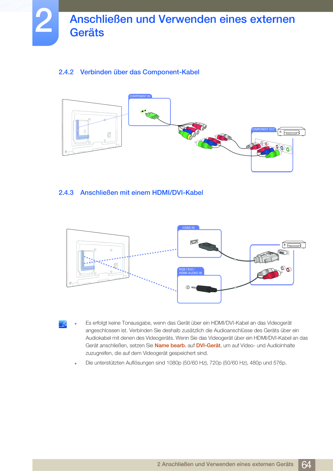 Samsung LH65MEBPLGC/EN, LH75MEBPLGC/EN manual Verbinden über das Component-Kabel, Anschließen mit einem HDMI/DVI-Kabel 