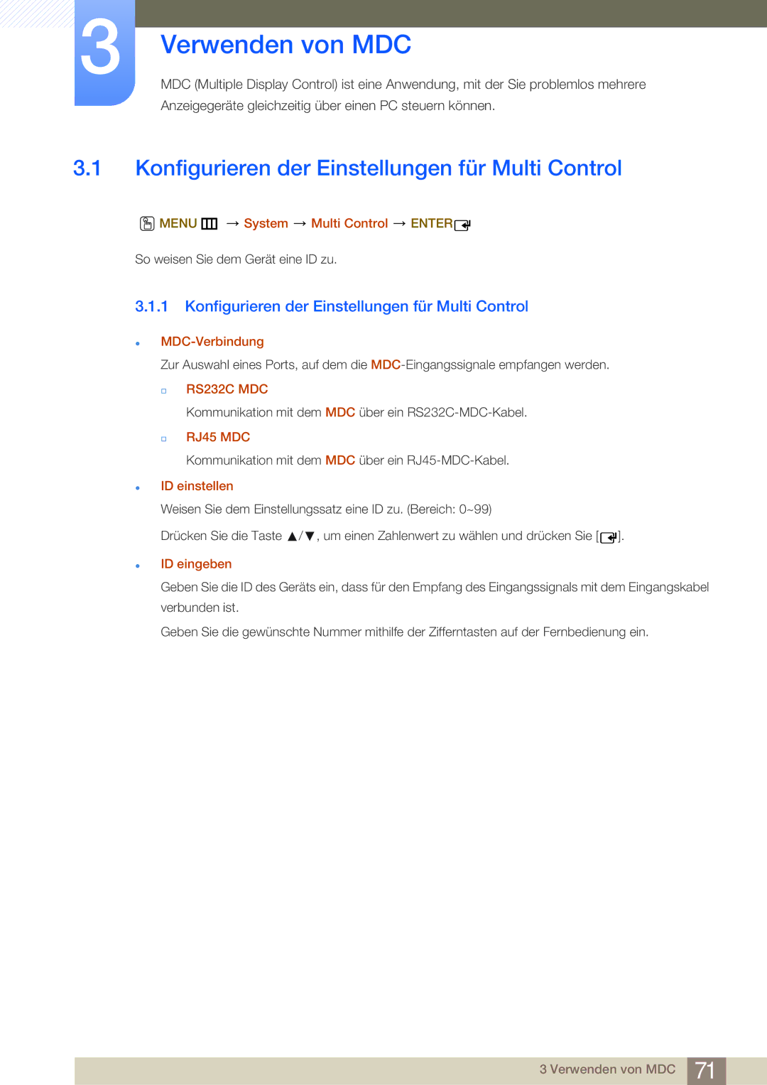 Samsung LH75MEBPLGC/EN, LH65MEBPLGC/EN manual Konfigurieren der Einstellungen für Multi Control 