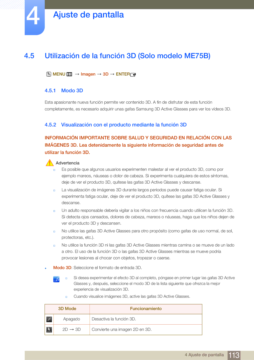 Samsung LH75MEBPLGC/EN, LH65MEBPLGC/EN Utilización de la función 3D Solo modelo ME75B, Modo 3D, Menu m Imagen 3D Enter 