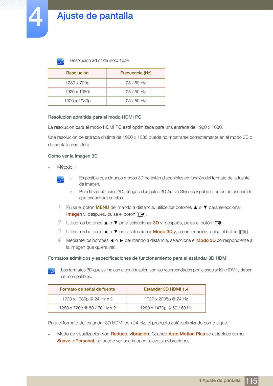 Samsung LH75MEBPLGC/EN manual Resolución Frecuencia Hz, Resolución admitida para el modo Hdmi PC, Cómo ver la imagen 3D 