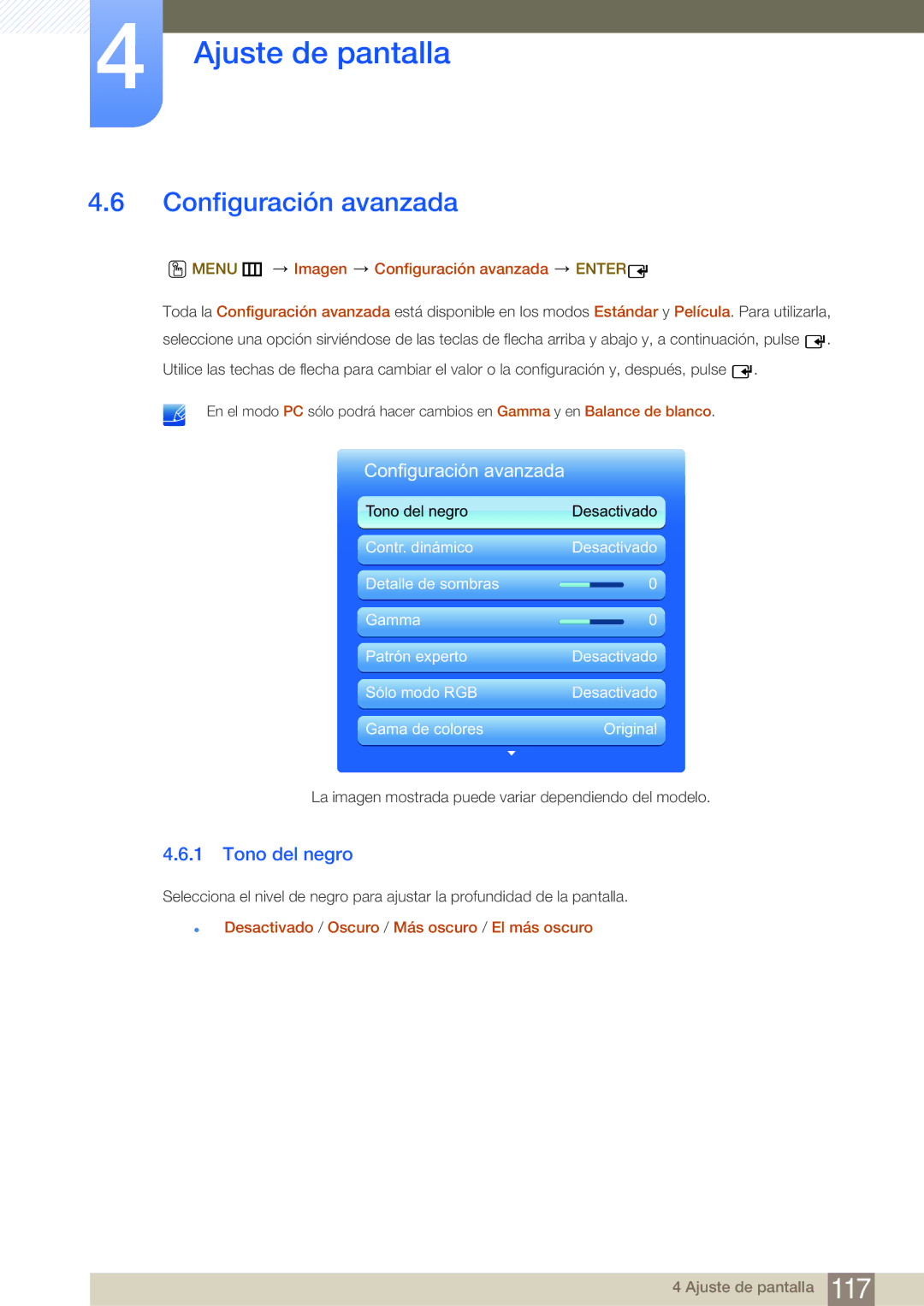 Samsung LH75MEBPLGC/EN, LH65MEBPLGC/EN manual Tono del negro, Menu m Imagen Configuración avanzada Enter 
