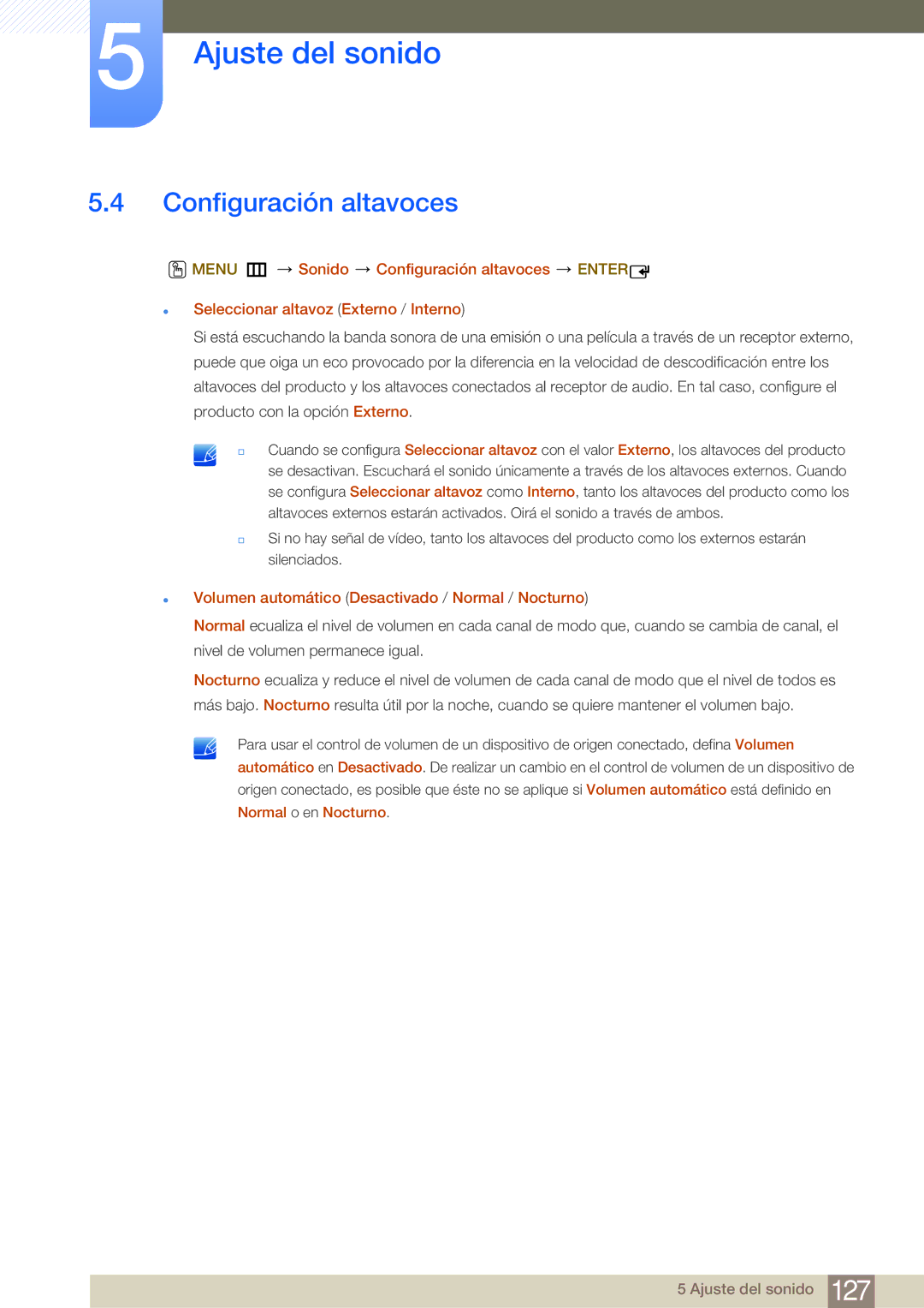 Samsung LH75MEBPLGC/EN, LH65MEBPLGC/EN manual Configuración altavoces, Volumen automático Desactivado / Normal / Nocturno 