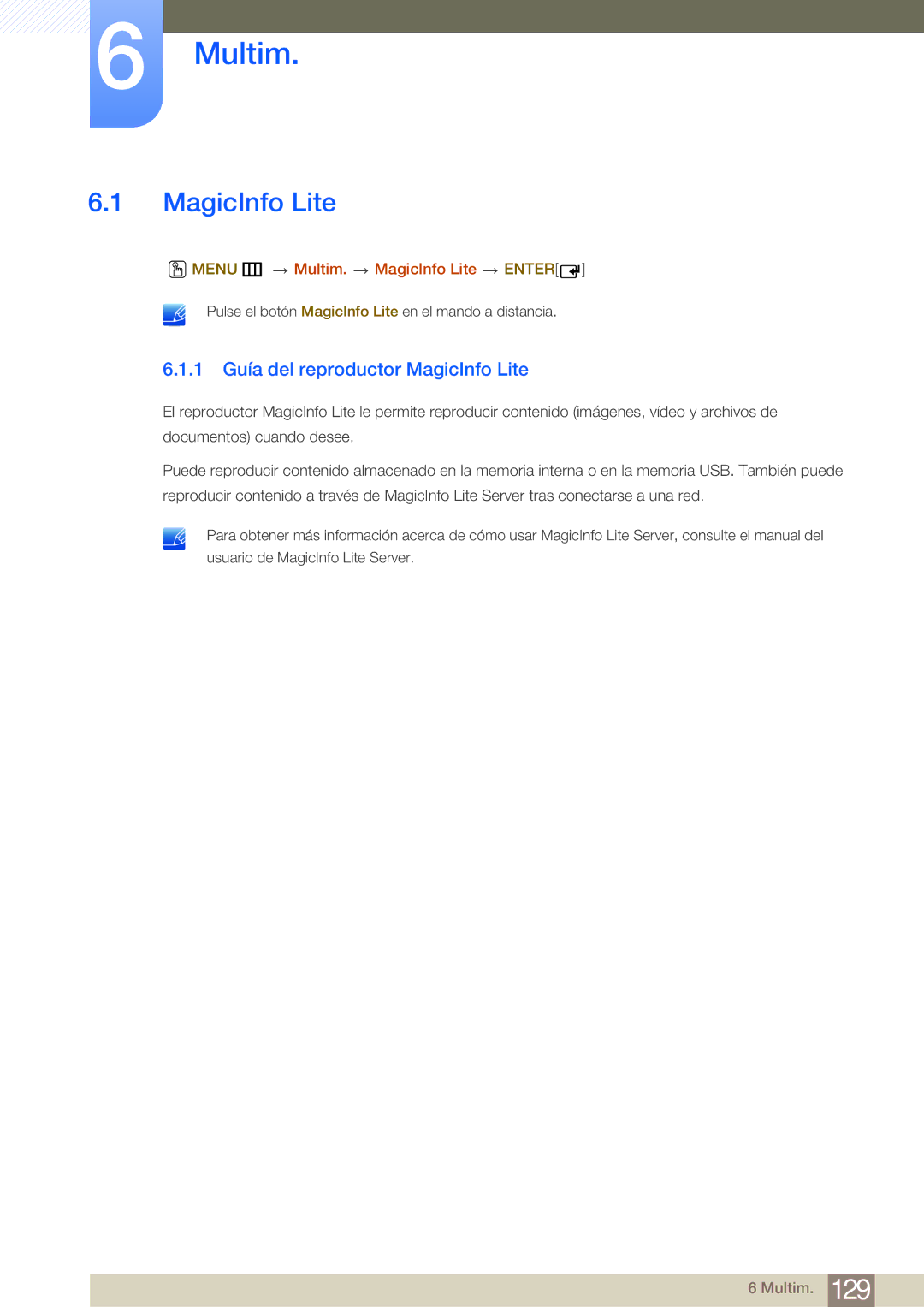 Samsung LH75MEBPLGC/EN, LH65MEBPLGC/EN manual 1 Guía del reproductor MagicInfo Lite, Menu m Multim. MagicInfo Lite Enter 