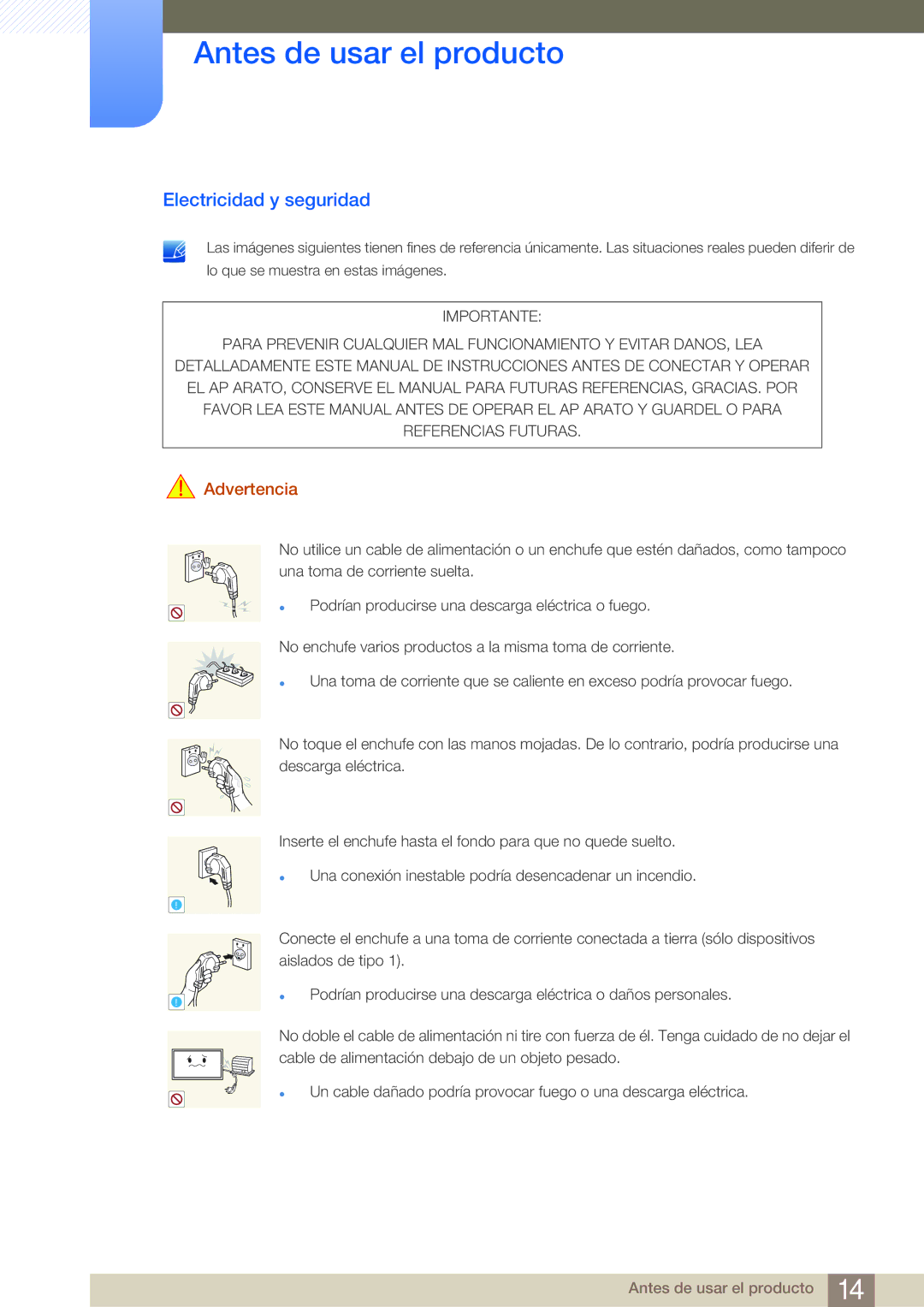 Samsung LH65MEBPLGC/EN, LH75MEBPLGC/EN manual Electricidad y seguridad, Advertencia 