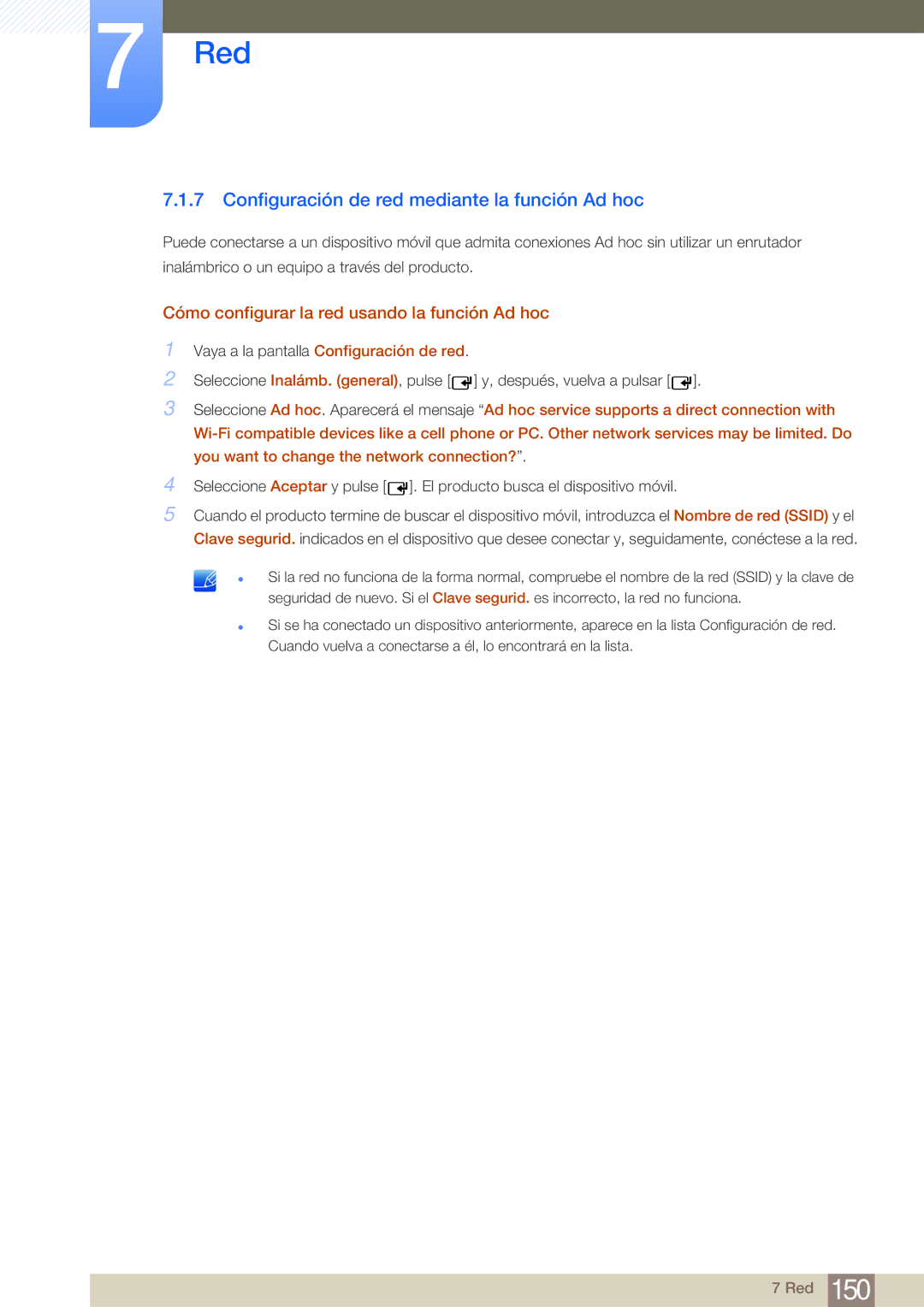 Samsung LH65MEBPLGC/EN Configuración de red mediante la función Ad hoc, Cómo configurar la red usando la función Ad hoc 