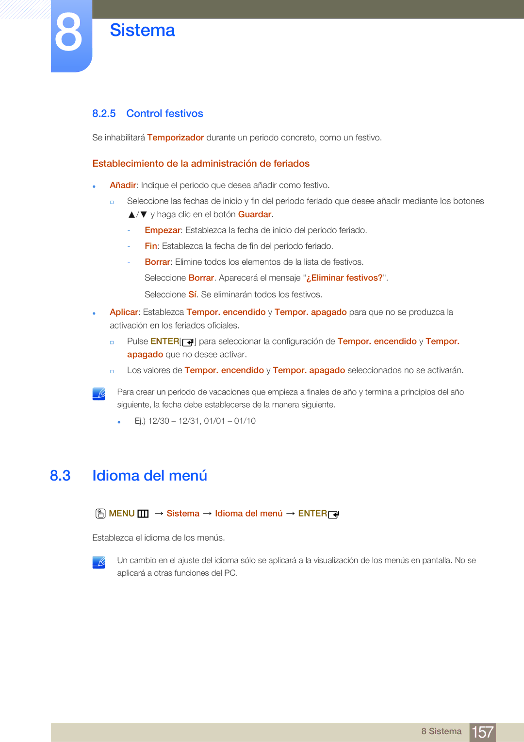 Samsung LH75MEBPLGC/EN, LH65MEBPLGC/EN Idioma del menú, Control festivos, Establecimiento de la administración de feriados 