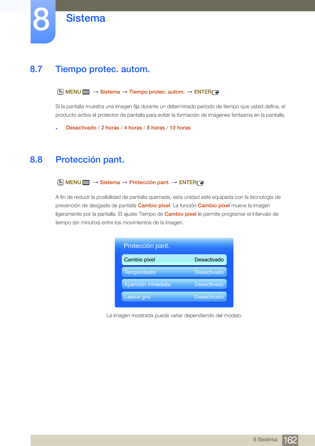 Samsung LH65MEBPLGC/EN, LH75MEBPLGC/EN manual Protección pant, Menu m Sistema Tiempo protec. autom. Enter 