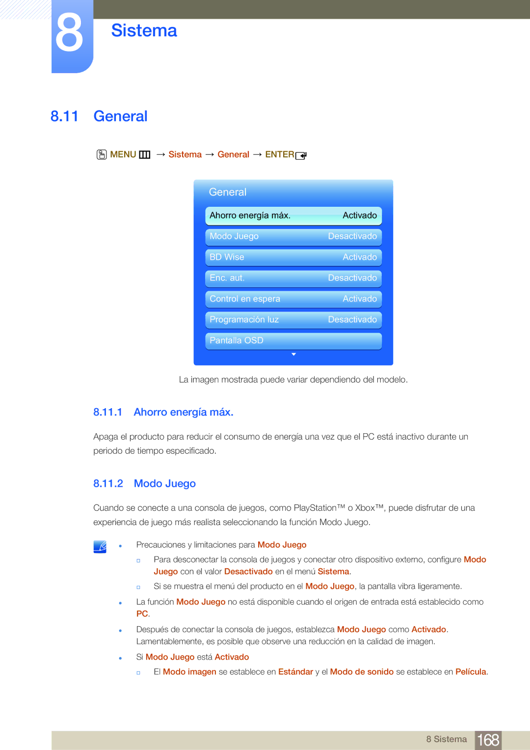 Samsung LH65MEBPLGC/EN, LH75MEBPLGC/EN manual Ahorro energía máx, Modo Juego, Menu m, Sistema General Enter 