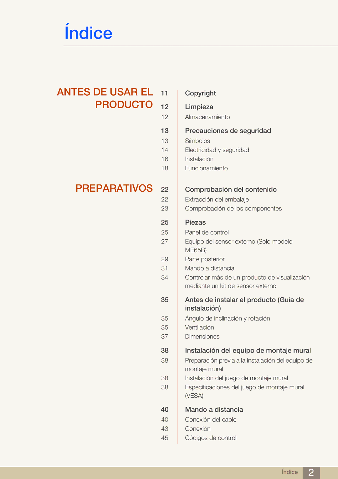 Samsung LH65MEBPLGC/EN, LH75MEBPLGC/EN manual Índice 