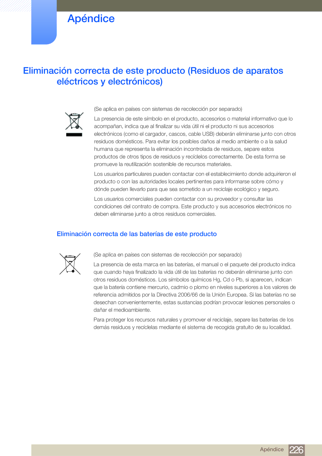 Samsung LH65MEBPLGC/EN, LH75MEBPLGC/EN manual Eliminación correcta de las baterías de este producto 