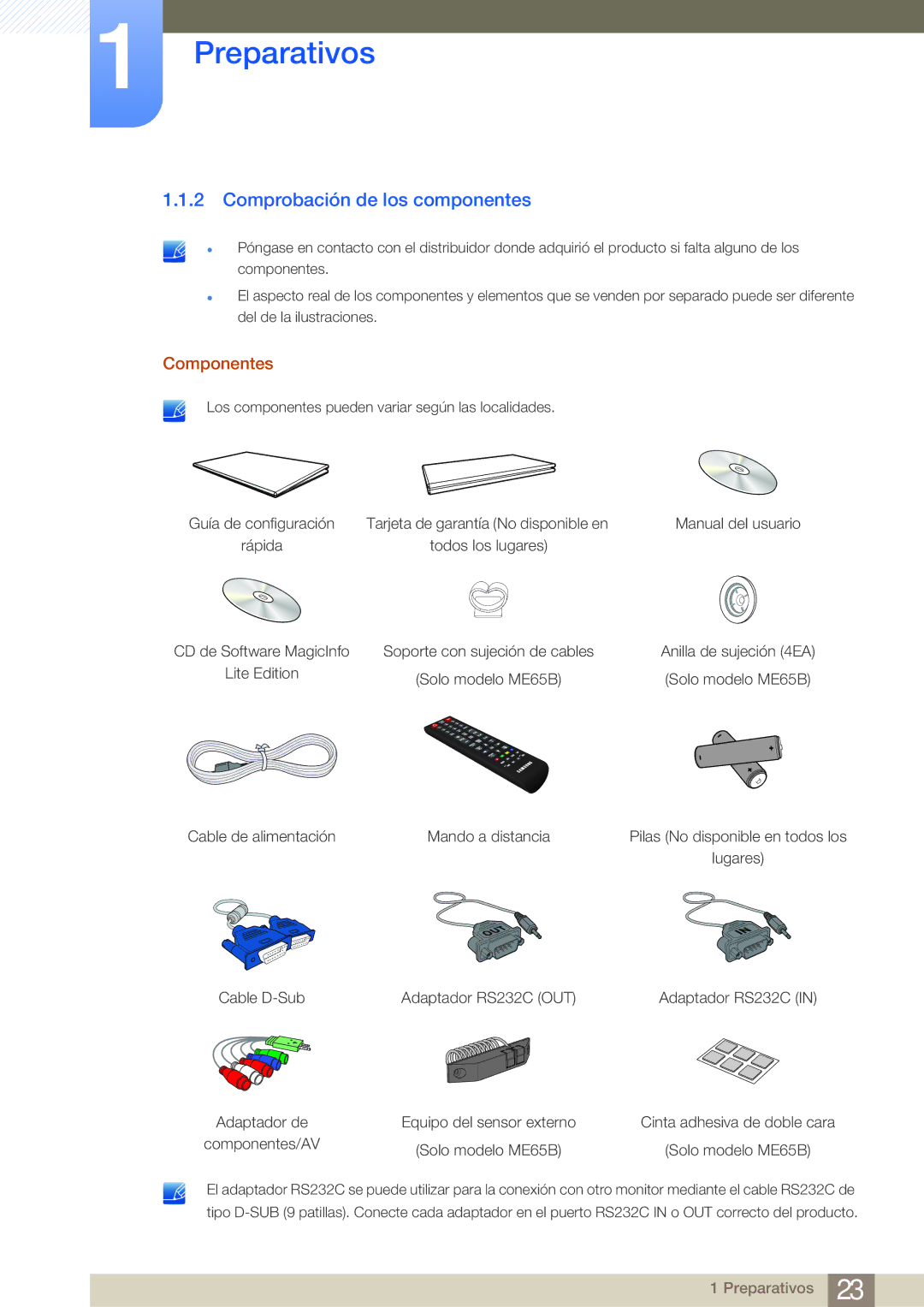 Samsung LH75MEBPLGC/EN, LH65MEBPLGC/EN manual Comprobación de los componentes, Componentes 