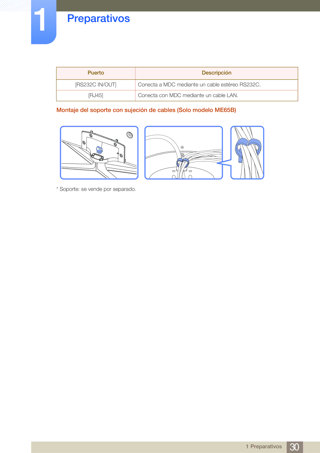 Samsung LH65MEBPLGC/EN, LH75MEBPLGC/EN manual Montaje del soporte con sujeción de cables Solo modelo ME65B 