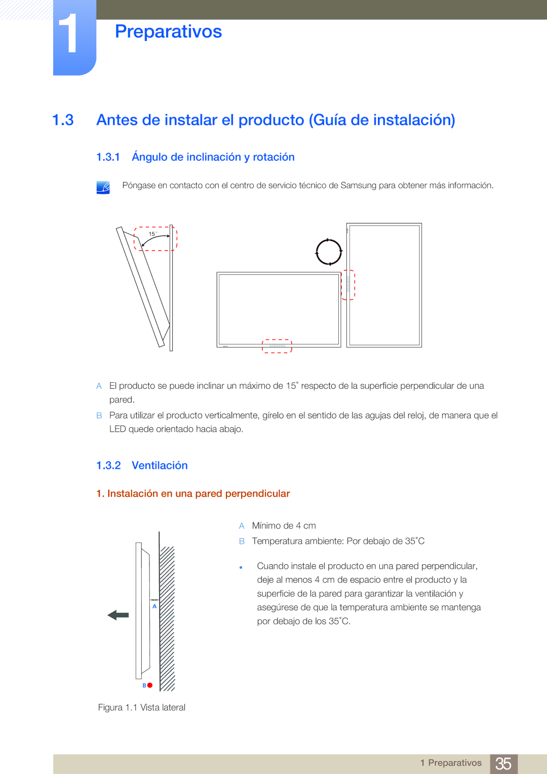 Samsung LH75MEBPLGC/EN Antes de instalar el producto Guía de instalación, 1 Ángulo de inclinación y rotación, Ventilación 