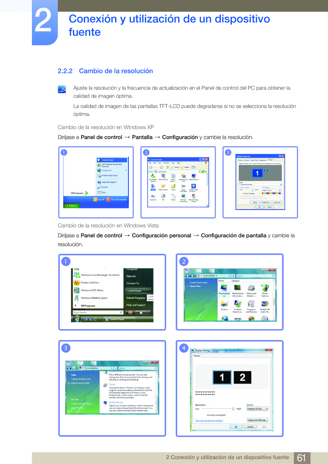 Samsung LH75MEBPLGC/EN, LH65MEBPLGC/EN Cambio de la resolución en Windows XP, Cambio de la resolución en Windows Vista 