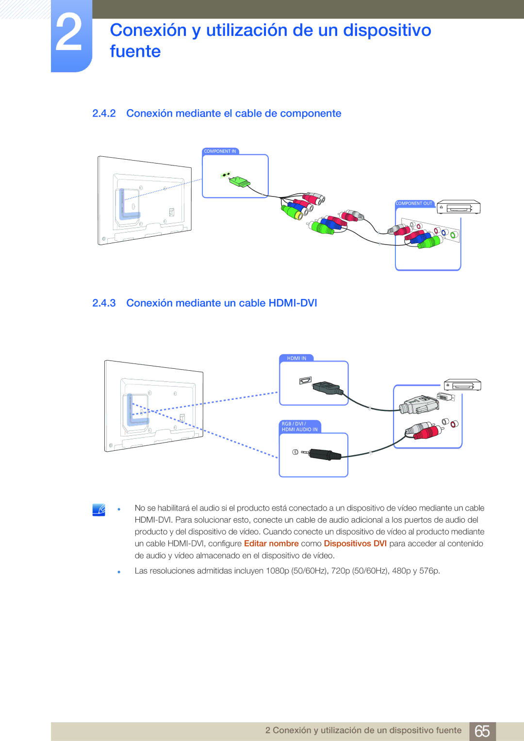 Samsung LH75MEBPLGC/EN, LH65MEBPLGC/EN manual Conexión mediante el cable de componente, Conexión mediante un cable HDMI-DVI 