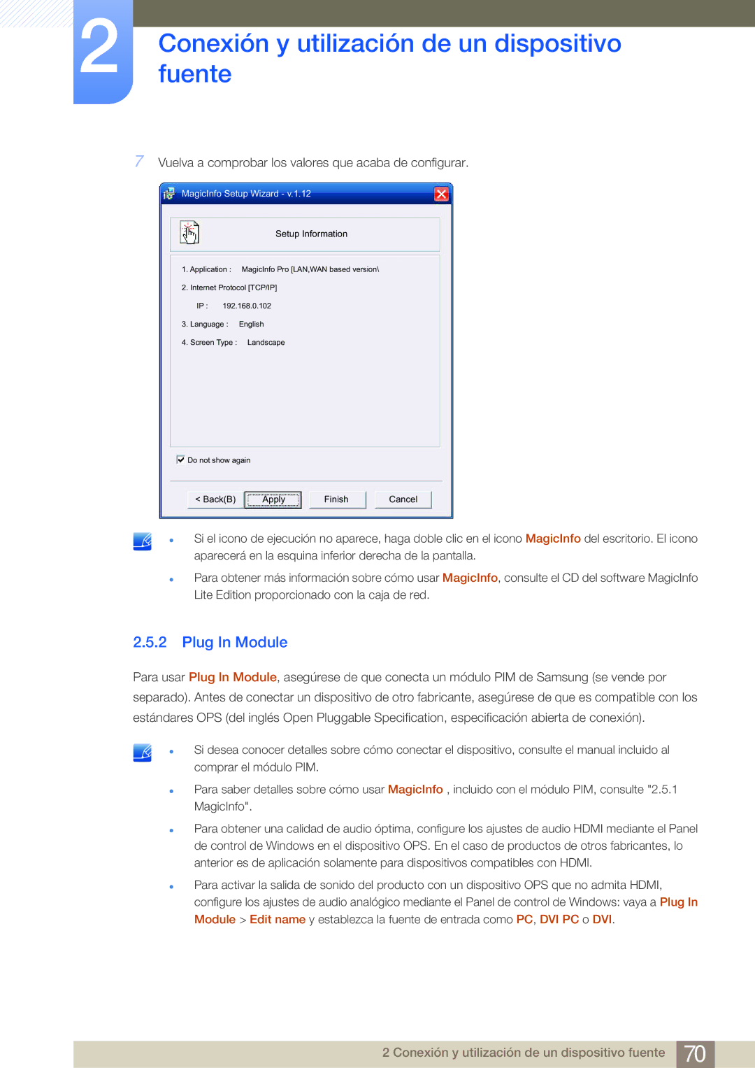 Samsung LH65MEBPLGC/EN, LH75MEBPLGC/EN manual Plug In Module, Vuelva a comprobar los valores que acaba de configurar 