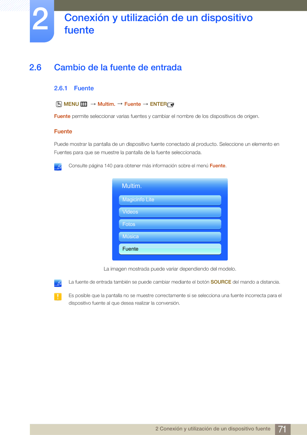 Samsung LH75MEBPLGC/EN, LH65MEBPLGC/EN manual Cambio de la fuente de entrada, Menu m Multim. Fuente Enter 