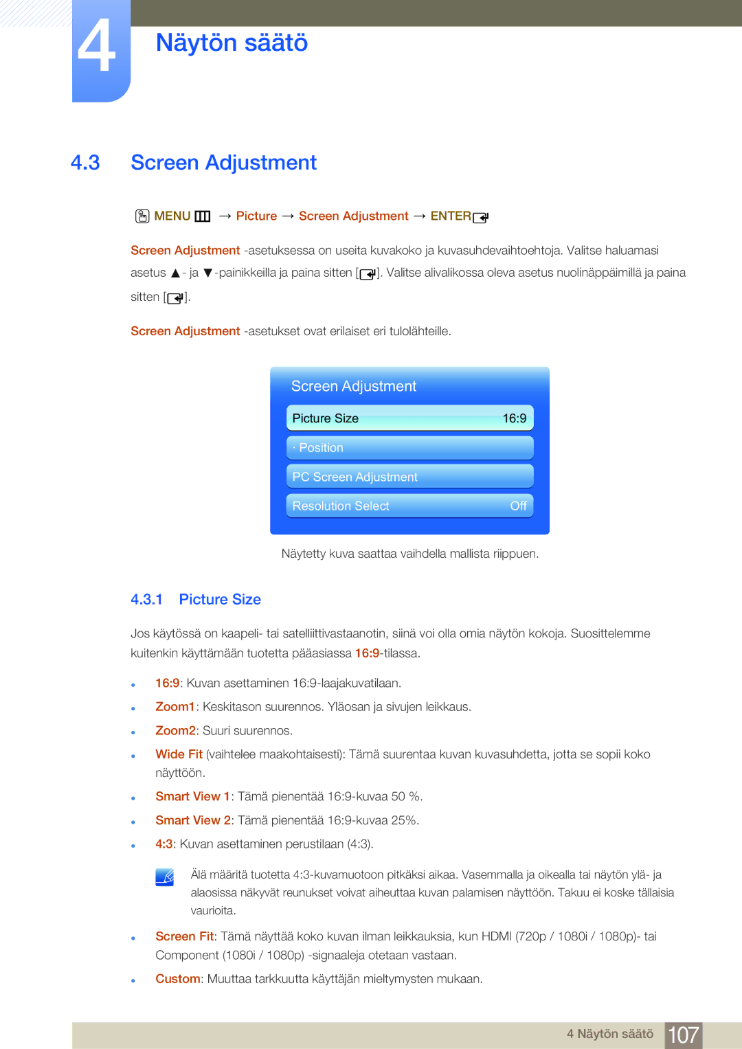 Samsung LH75MEBPLGC/EN, LH65MEBPLGC/EN manual Picture Size, Menu m Picture Screen Adjustment Enter 