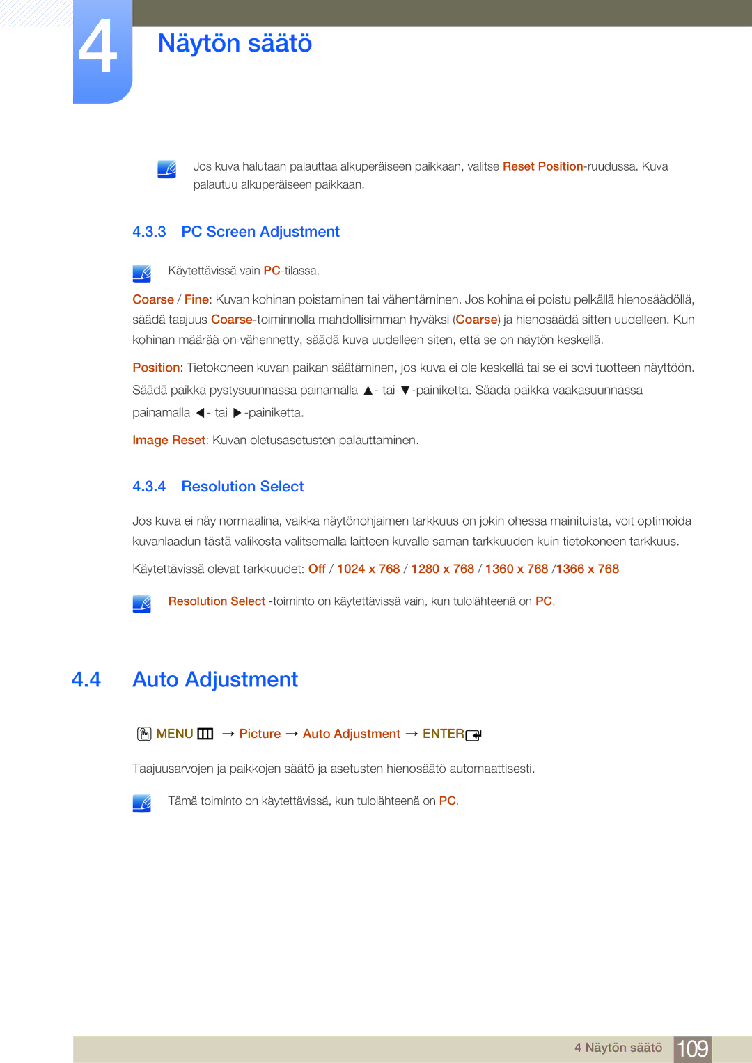 Samsung LH75MEBPLGC/EN, LH65MEBPLGC/EN PC Screen Adjustment, Resolution Select, Menu m Picture Auto Adjustment Enter 