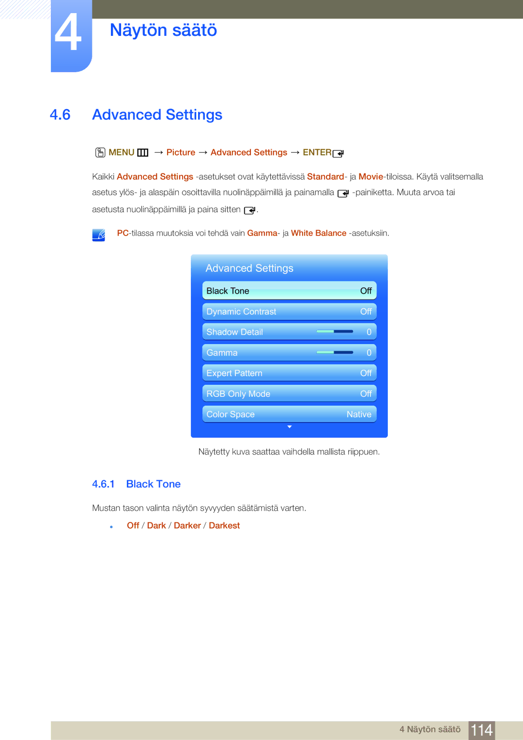Samsung LH65MEBPLGC/EN manual Black Tone, Menu m Picture Advanced Settings Enter, Off / Dark / Darker / Darkest 