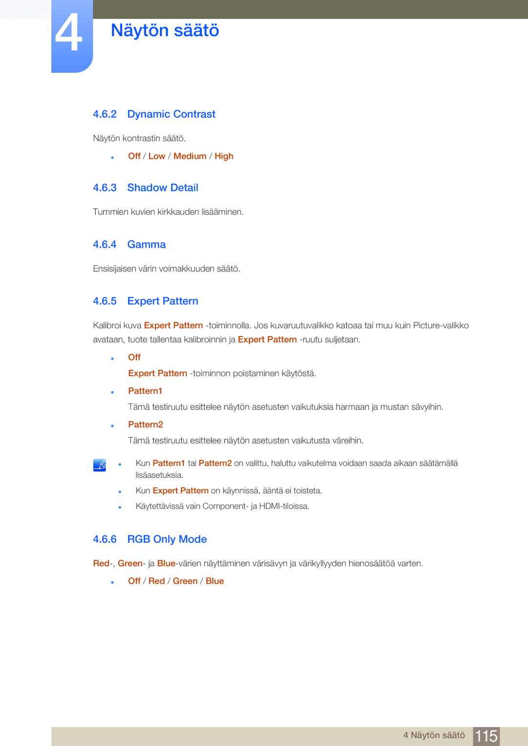Samsung LH75MEBPLGC/EN, LH65MEBPLGC/EN manual Dynamic Contrast, Shadow Detail, Gamma, Expert Pattern, RGB Only Mode 