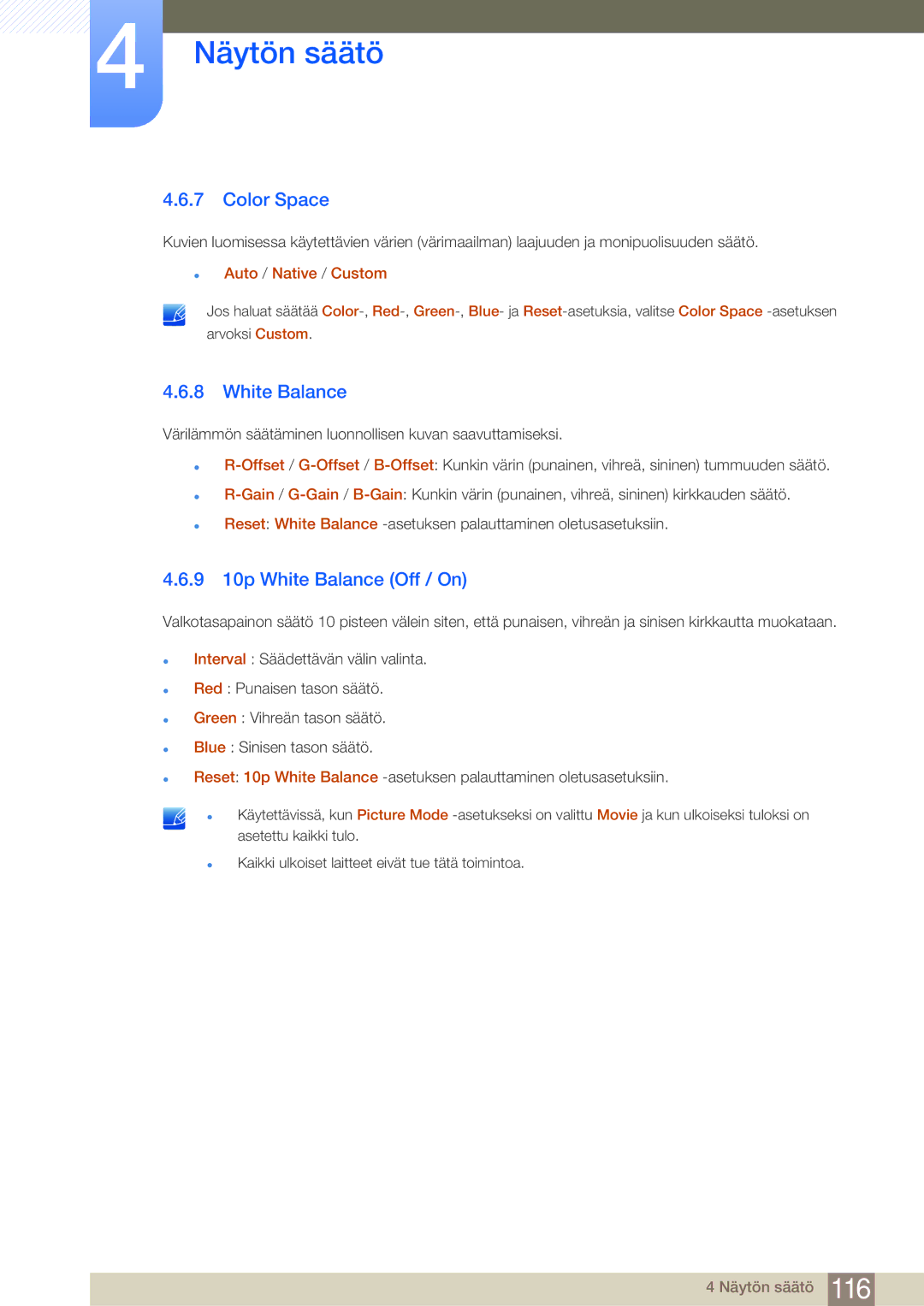 Samsung LH65MEBPLGC/EN, LH75MEBPLGC/EN manual Color Space, 9 10p White Balance Off / On, Auto / Native / Custom 