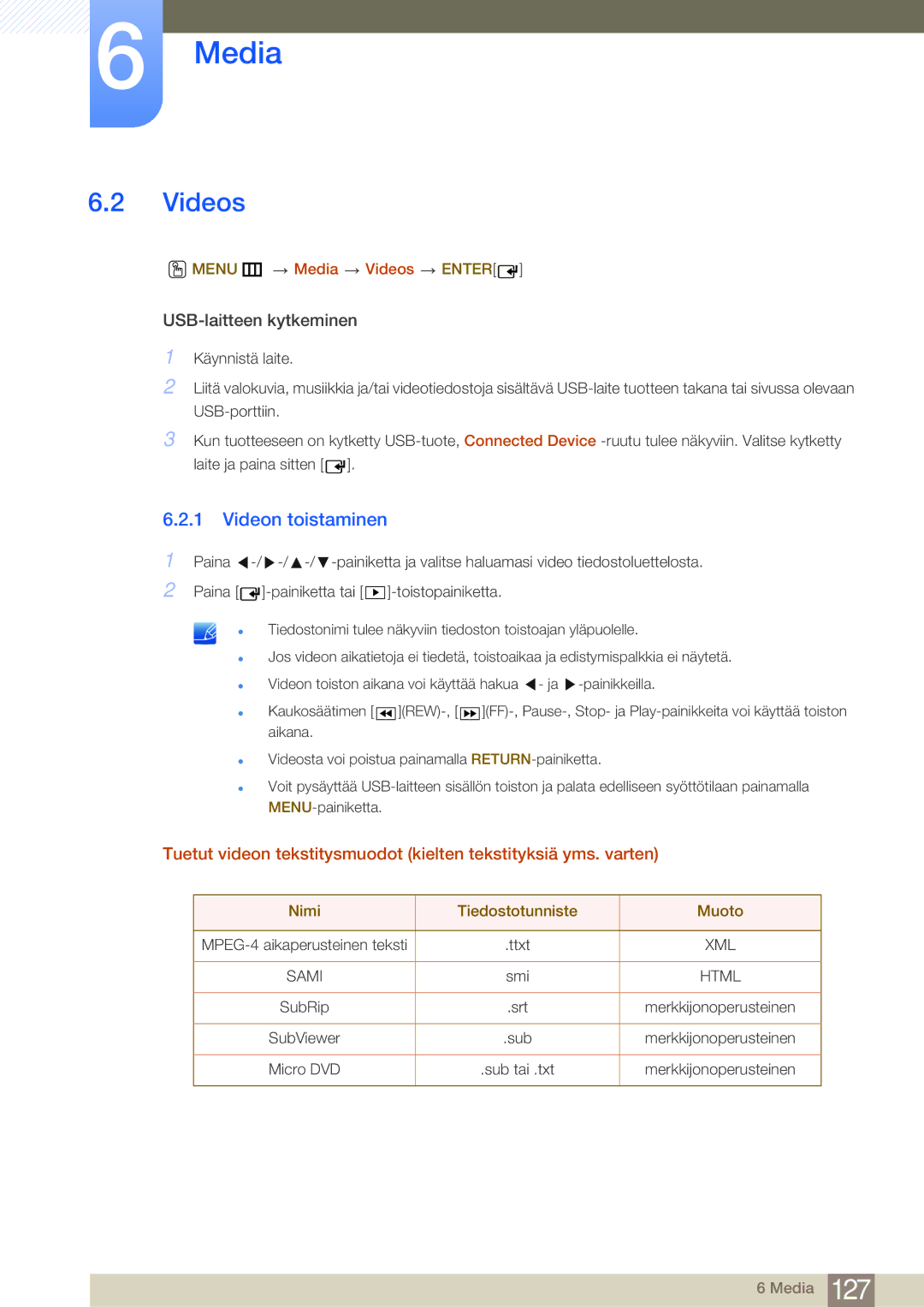 Samsung LH75MEBPLGC/EN, LH65MEBPLGC/EN manual Videon toistaminen, Menu m Media Videos Enter, Nimi Tiedostotunniste Muoto 