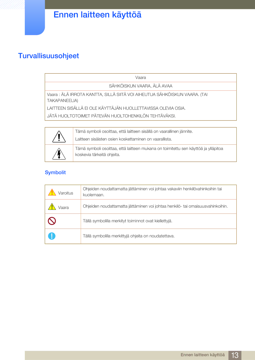 Samsung LH75MEBPLGC/EN, LH65MEBPLGC/EN manual Turvallisuusohjeet, Symbolit 