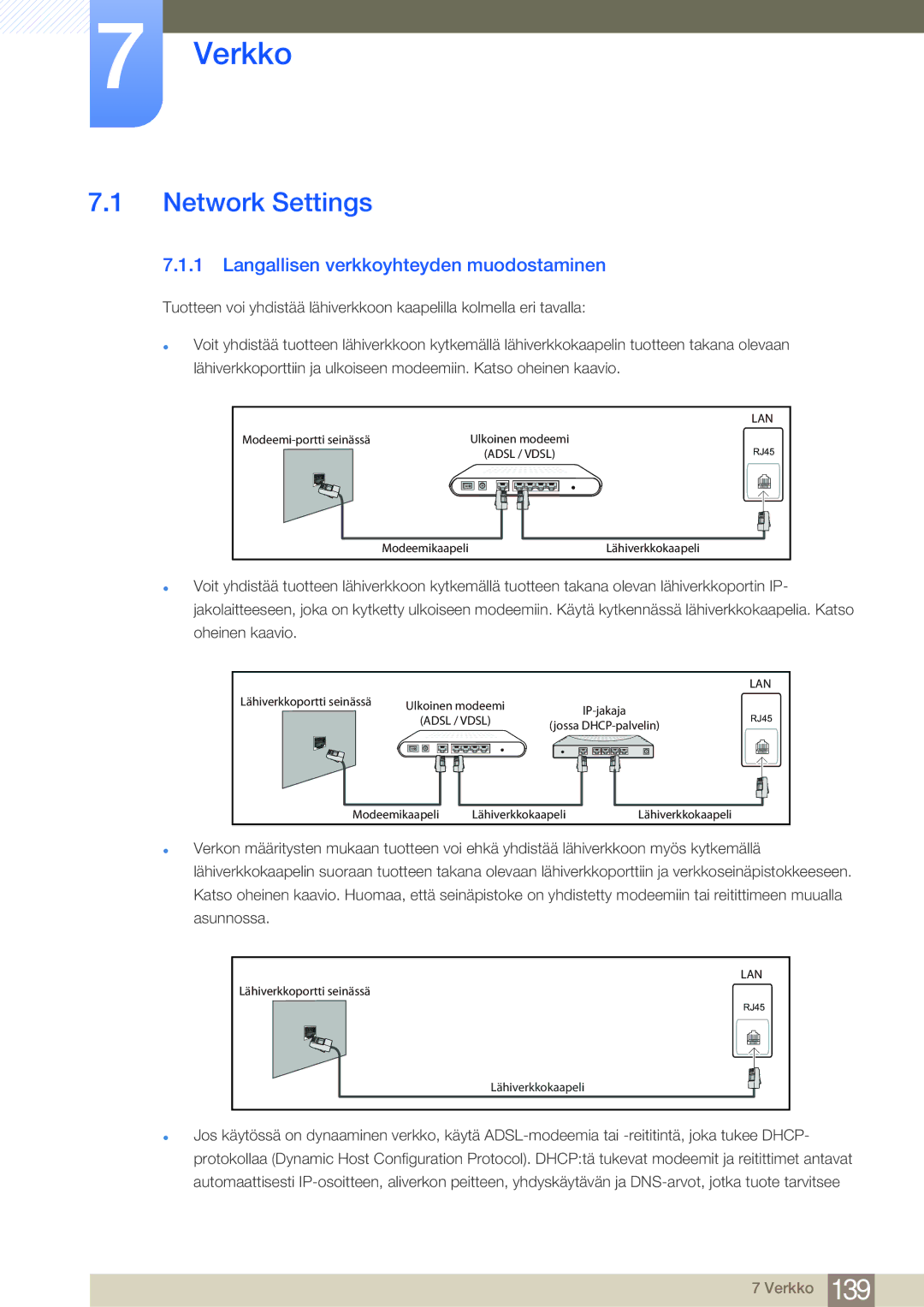 Samsung LH75MEBPLGC/EN, LH65MEBPLGC/EN manual Verkko, Network Settings, Langallisen verkkoyhteyden muodostaminen 