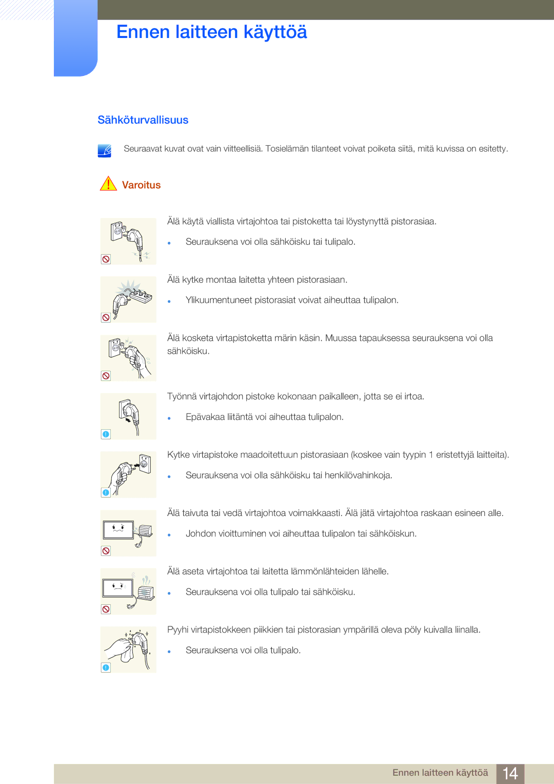 Samsung LH65MEBPLGC/EN, LH75MEBPLGC/EN manual Sähköturvallisuus, Varoitus 