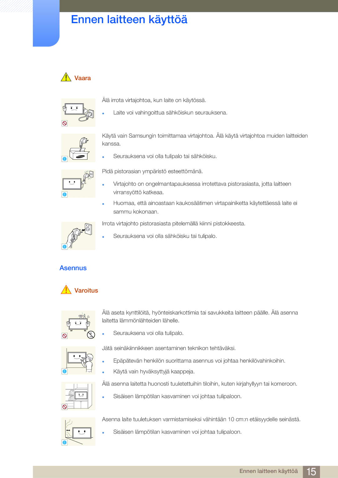 Samsung LH75MEBPLGC/EN, LH65MEBPLGC/EN manual Asennus, Vaara 