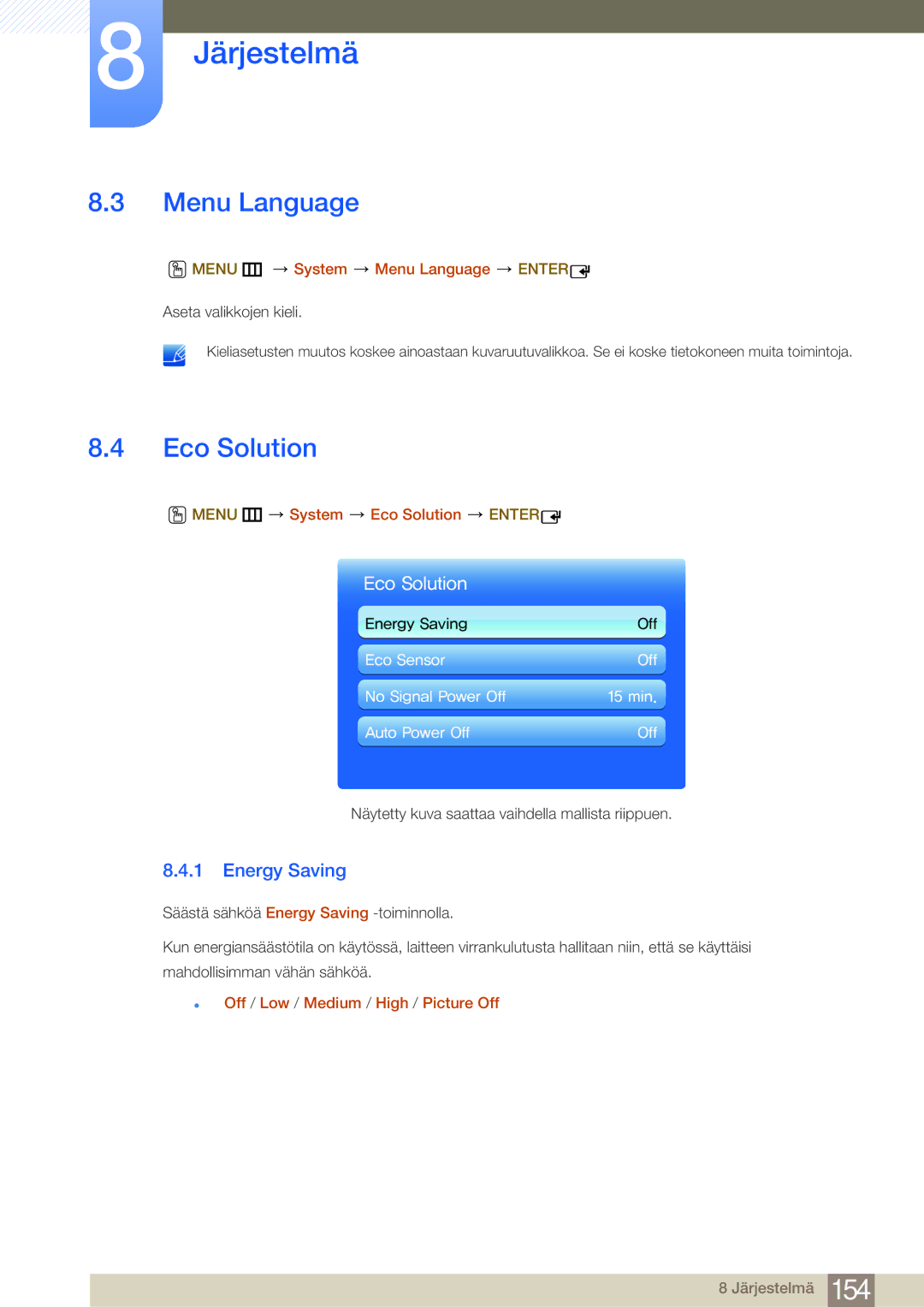 Samsung LH65MEBPLGC/EN, LH75MEBPLGC/EN manual Menu Language, Eco Solution, Energy Saving 