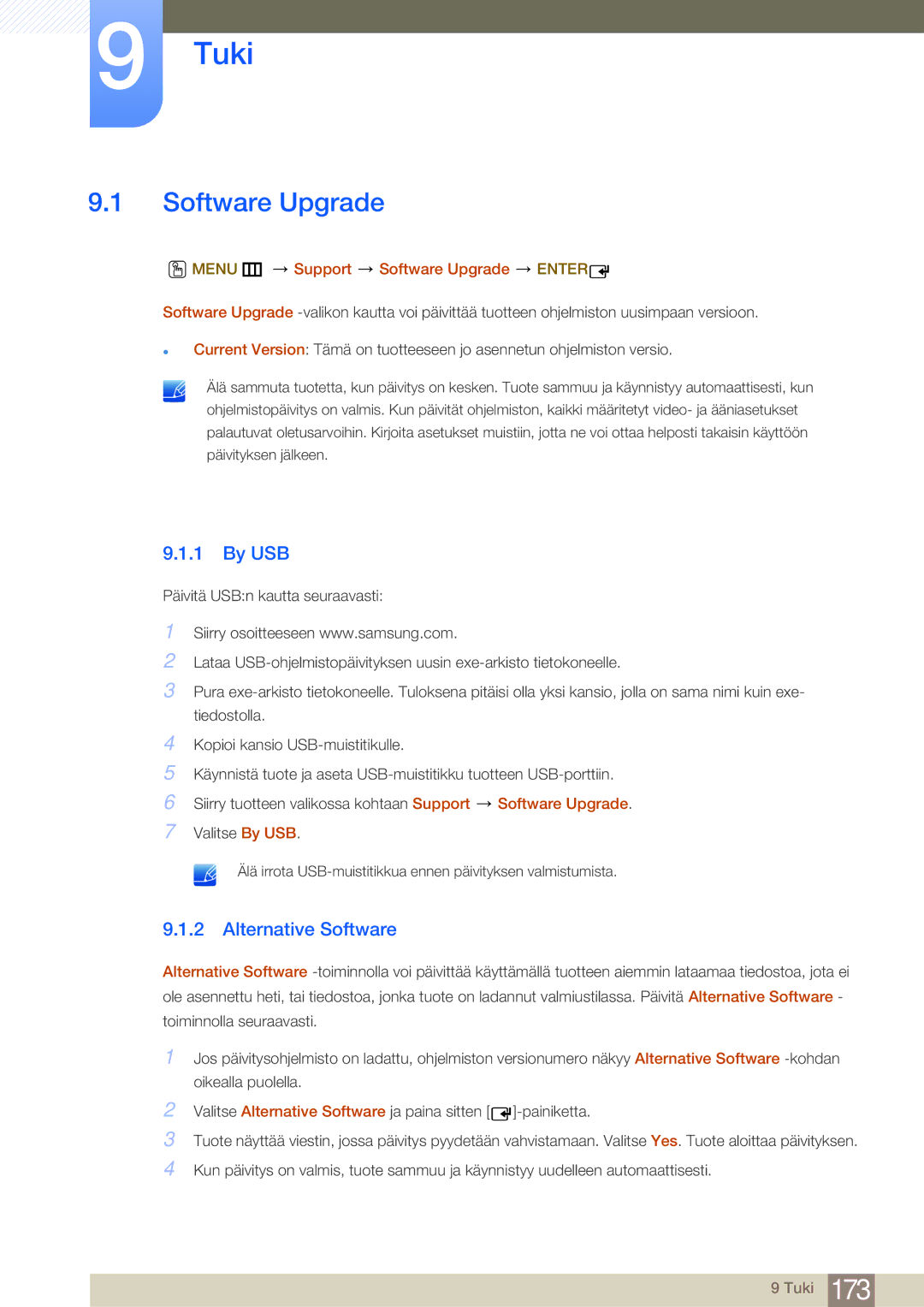 Samsung LH75MEBPLGC/EN, LH65MEBPLGC/EN manual Tuki, By USB, Alternative Software, Menu m Support Software Upgrade Enter 