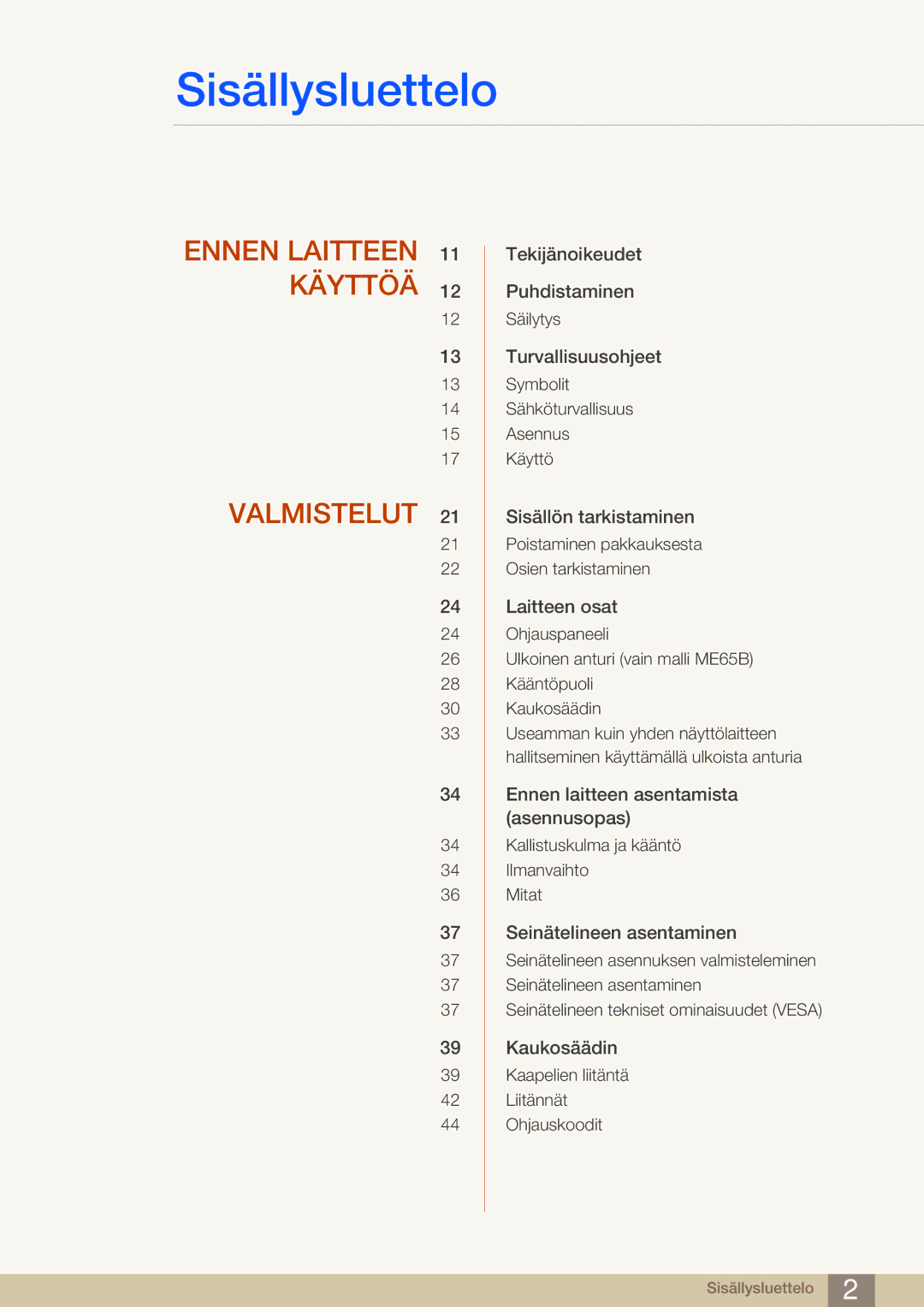 Samsung LH65MEBPLGC/EN, LH75MEBPLGC/EN manual Sisällysluettelo 