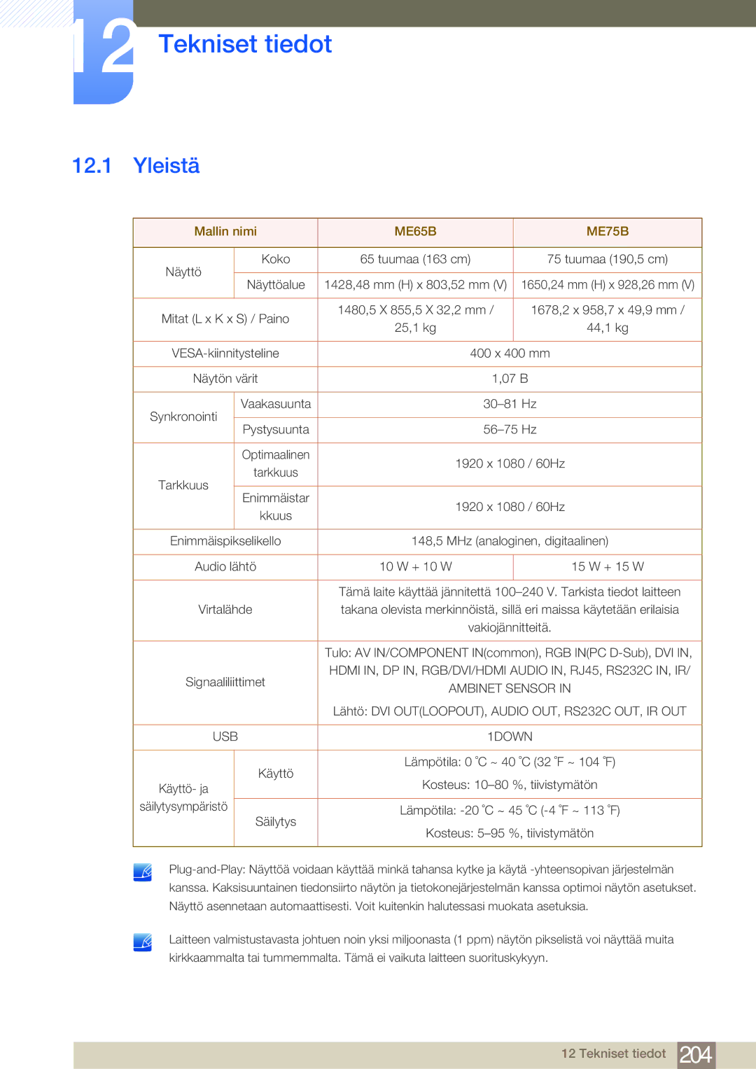 Samsung LH65MEBPLGC/EN, LH75MEBPLGC/EN manual Tekniset tiedot, Yleistä 