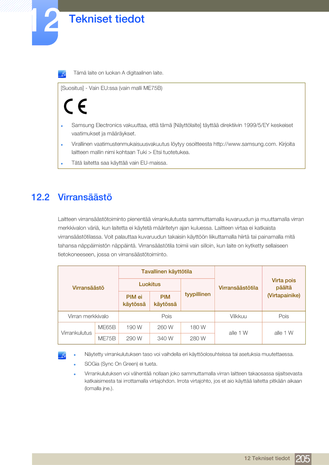 Samsung LH75MEBPLGC/EN, LH65MEBPLGC/EN manual Virransäästö, Virtapainike, Käytössä 