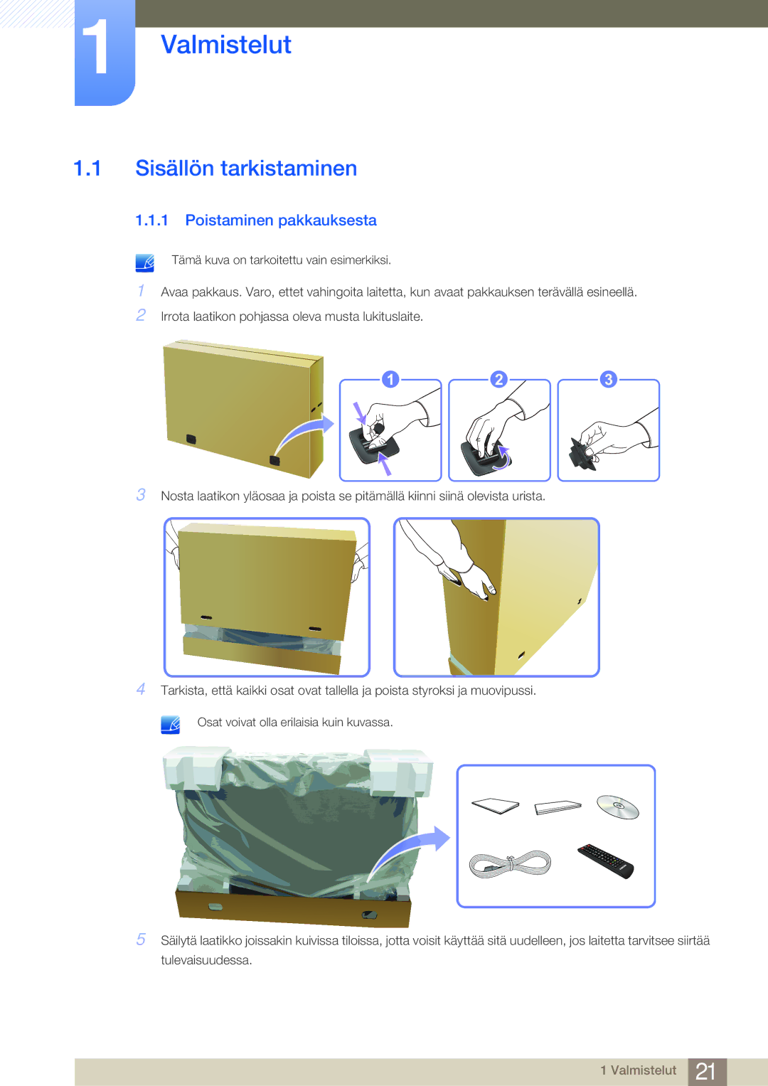 Samsung LH75MEBPLGC/EN, LH65MEBPLGC/EN manual Valmistelut, Sisällön tarkistaminen, Poistaminen pakkauksesta 