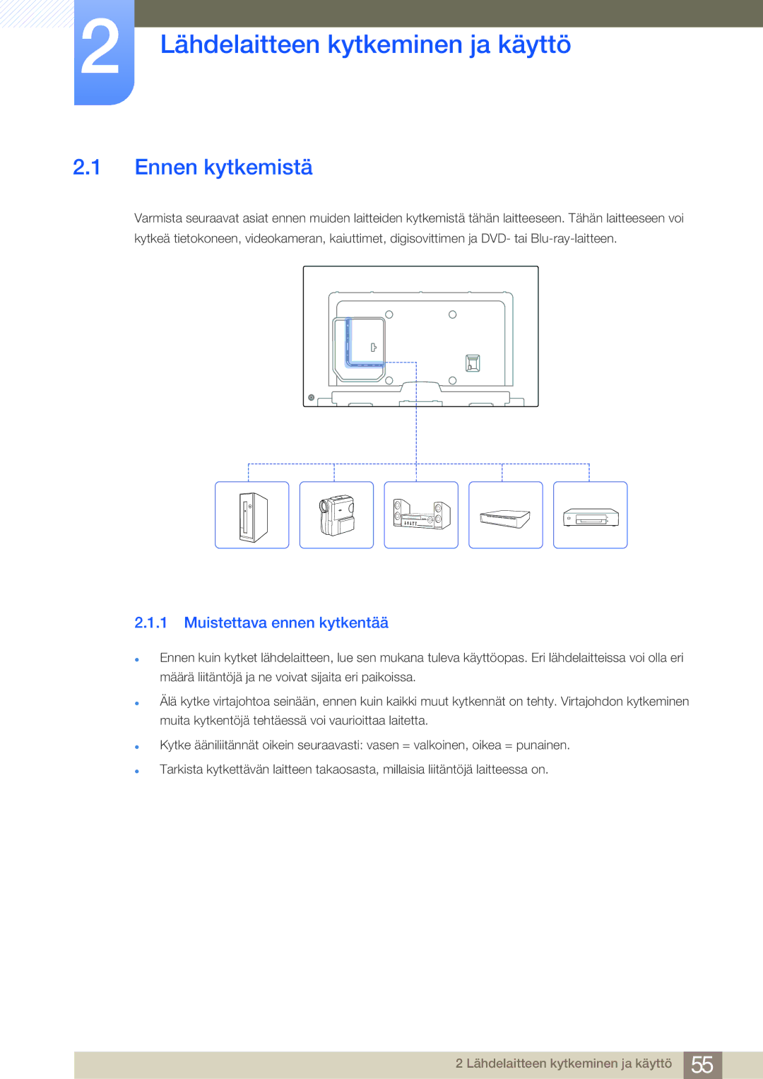 Samsung LH75MEBPLGC/EN, LH65MEBPLGC/EN Lähdelaitteen kytkeminen ja käyttö, Ennen kytkemistä, Muistettava ennen kytkentää 