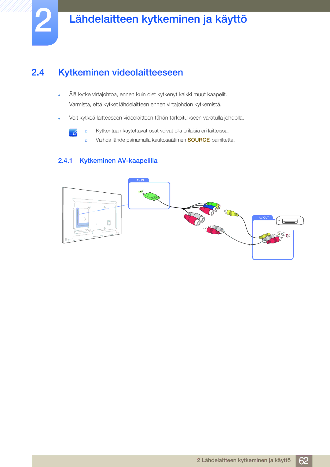 Samsung LH65MEBPLGC/EN, LH75MEBPLGC/EN manual Kytkeminen videolaitteeseen, Kytkeminen AV-kaapelilla 