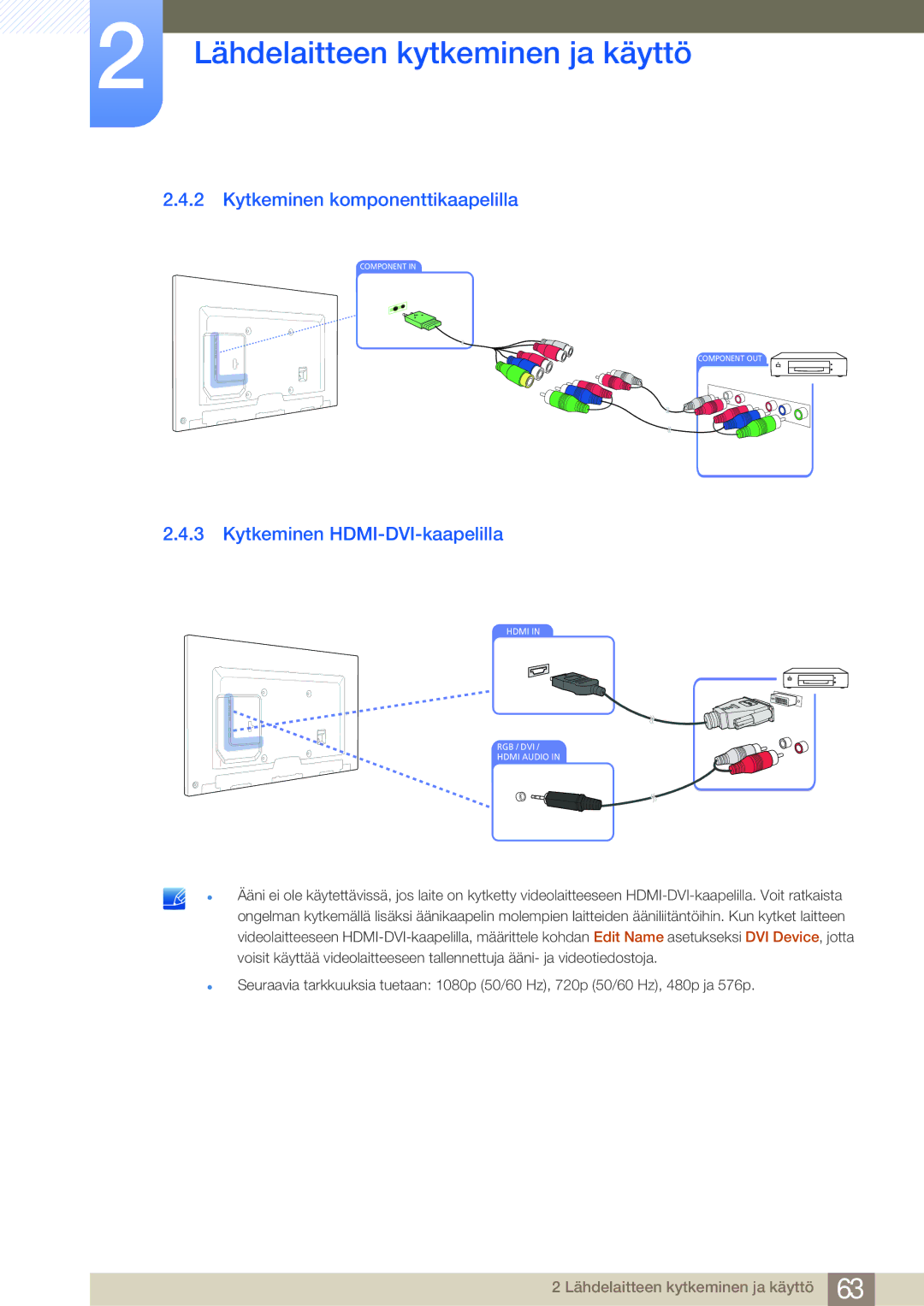 Samsung LH75MEBPLGC/EN, LH65MEBPLGC/EN manual Kytkeminen komponenttikaapelilla, Kytkeminen HDMI-DVI-kaapelilla 